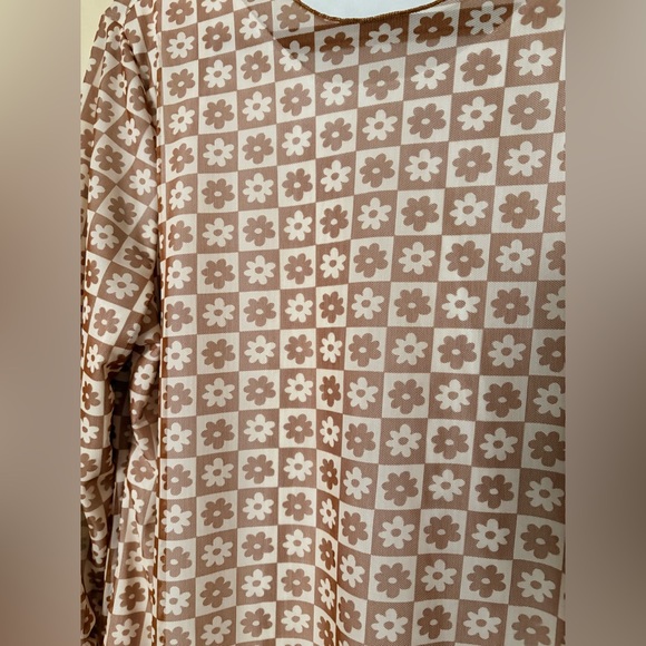 Checkerboard Flower Long Sleeve Brown Boho Top Sheer Fully Lined Shirt Women’s - Picture 3 of 4